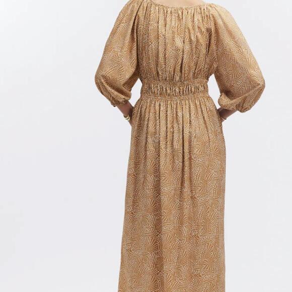 Madewell Khaki Tan Dot V-Neck Balloon-Sleeve Elbow Length Maxi Dress - Size - 12 - Picture 3 of 13